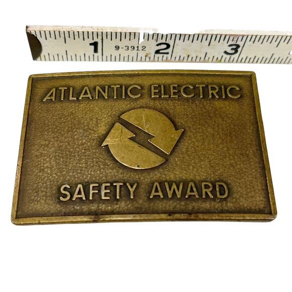 Vintage Atlantic Electric Safety Award Brass Belt Buckle 3" x 2" - Picture 1 of 10